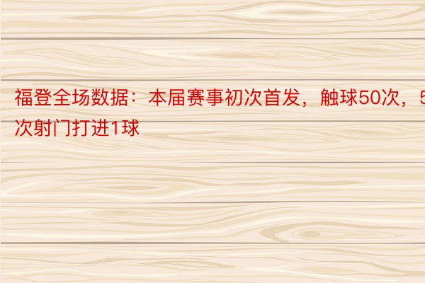 福登全场数据：本届赛事初次首发，触球50次，5次射门打进1球